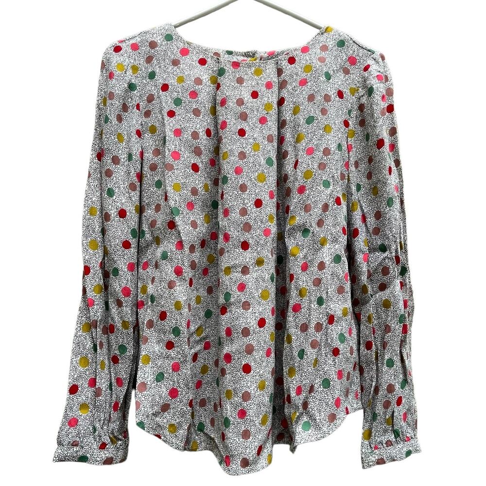 Boden Polka Dot Pleated Long Sleeve Blouse Crewneck Back Button Women's 6